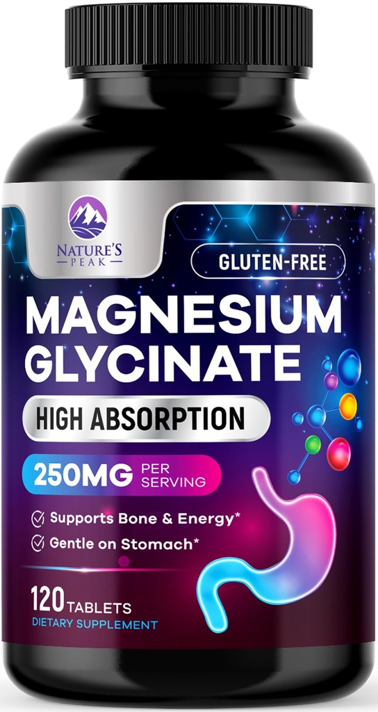 Magnésium Glycinat Chélaté pour Absorption Max - Soutiens os, muscles, nerfs et santé cardiaque, Soutien au sommeil et au stress de la nature, Meilleur supplément de magnésium pour le soutien du corps entier - 120 comprimés