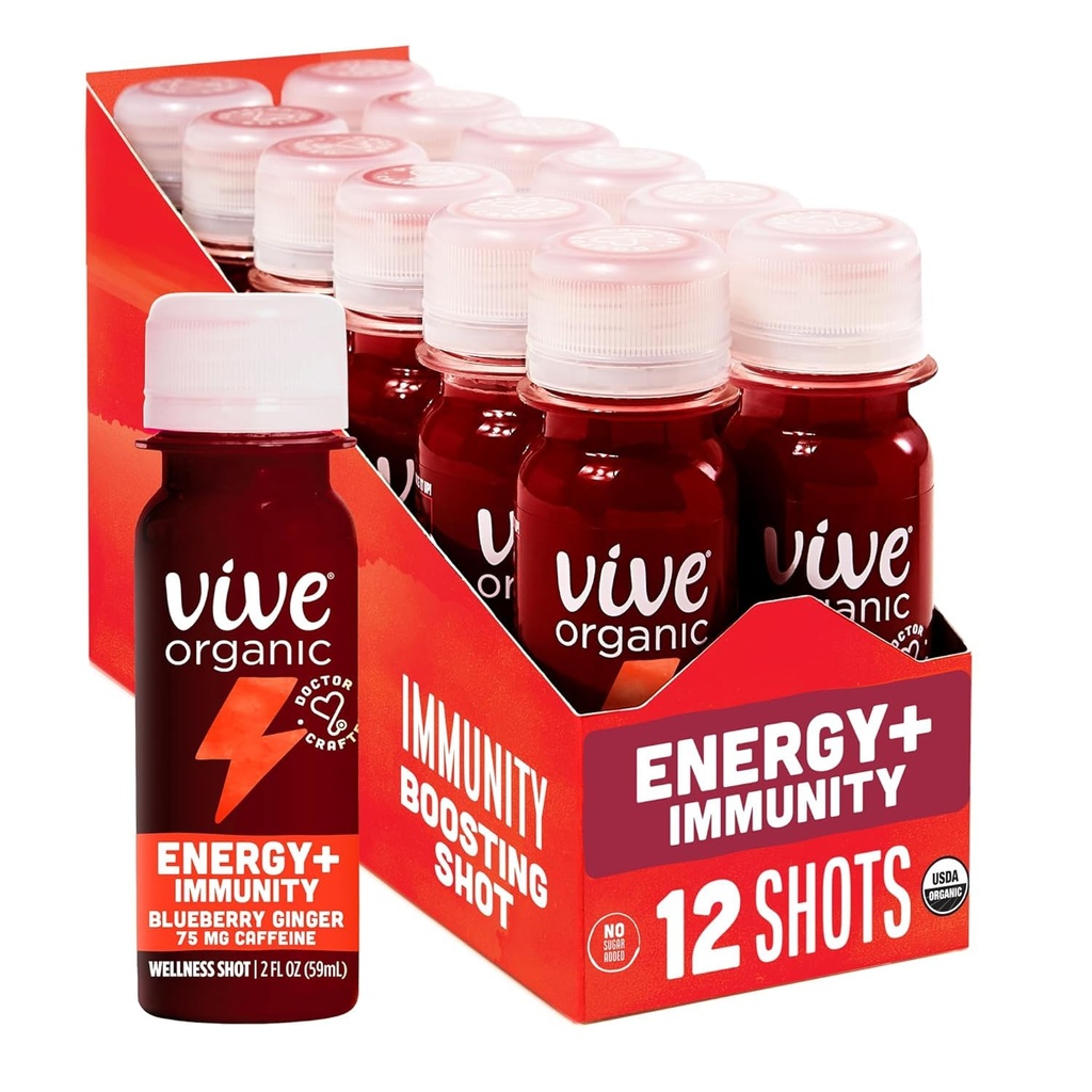 Vive Organic Energy Shot + Immune Support, Immune Defense mit Ashwagandha, Grüner Tee & Koffein, Glutenfrei, Vegan, Energie und Fokus, 2 Fl Oz (Pack von 12)