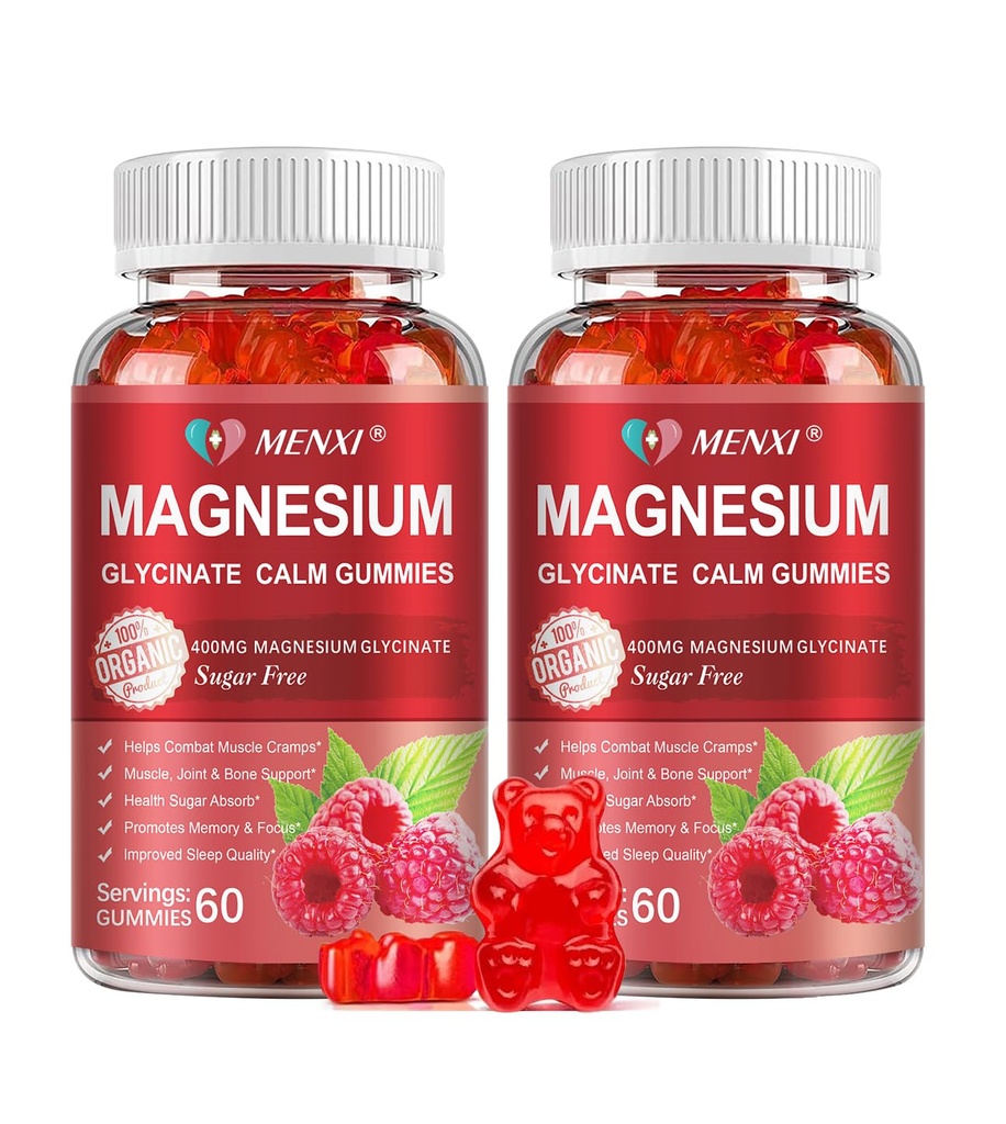 Magnésium Gommies 600mg par portion-Magnésium Glycinate 400mg et Magnésium Malate 200mg, Supplément de magnésium sans sucre pour calmer l'humeur, les muscles, les os et l'énergie, 120 Gommies framboises