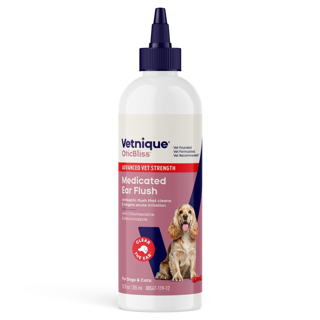 Vetnique Oticbliss Medicated Dog Ear Infection Treatment, Antiseptic Ear Cleaner for Cat & Dog Ear Cleaning Solution with Chlorhexidin & Ketoconazol (12oz Flush)