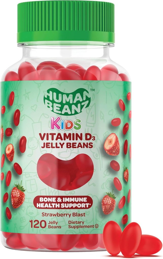 Vitamin D3 Jelly Bean Gummi für Kinder, 25mcg/1000 IU Vitamin D, Nahrungsergänzungsmittel für vegetarische Ernährung, 120 Erdbeere Blast Jelly Bohnen, Kosher
