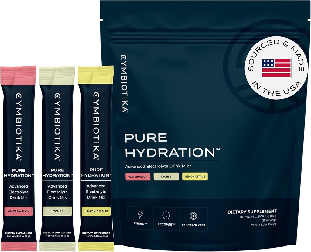 CYMBIOTIKA Pure Hydration Elektrolyte Pulver-Getränk-Mischung mit Vitamin C & Magnesium, Keto Friendly Elektrolyt Hydration Packets, Vielfalt Pack, Zitronen, Lychee & Wassermelone, 7 jedes, 21 Stick Packets