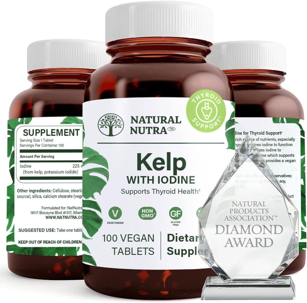 Natürliche Nutra Kelp Iodine Schilddrüsenunterstützungsergänzung, stärkt Immunsystem und reguliert Stoffwechsel, Vegan Sea Kelp, Non GMO, Atlantic Sourced Seaweed Extract, 225 mcg, 100 Tabletten