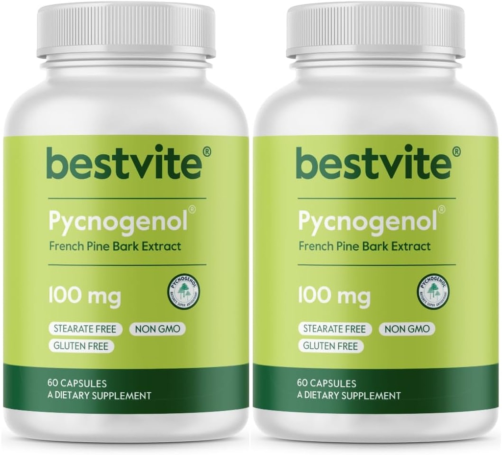 BESTVITE Pycnogenol 100mg (120 Capsules) (60x2) - French Maritime Pine Bark Extract - No Stearates - Gluten Free - Non GMO