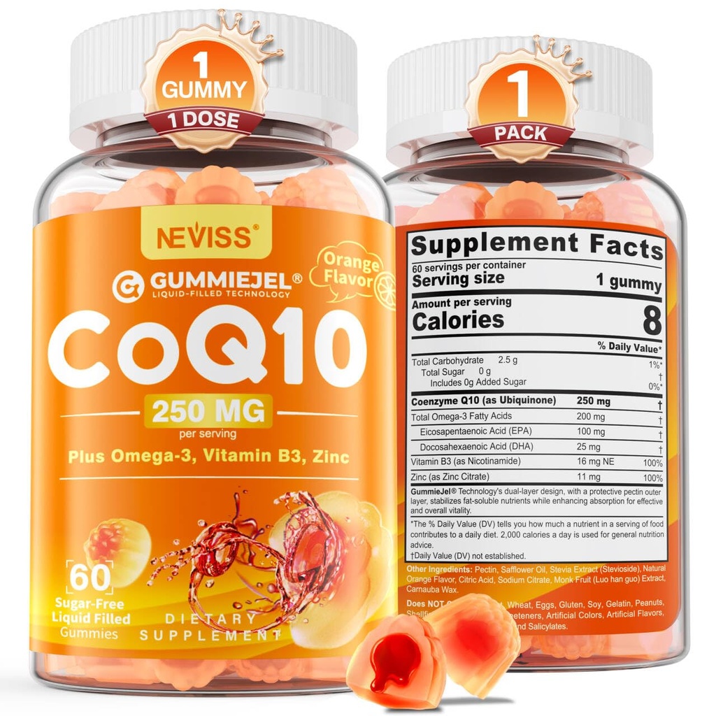 Sans sucre CoQ10-250mg / 500mg Gummies remplies - Plus Omega-3, EPA + DHA, B3 & Zinc - Ultra Co Q-10 suppléments pour la santé de l'oreille, énergie cellulaire, soutien antioxydant, jusqu'à 60 jours d'approvisionnement, végétalien 60Cts