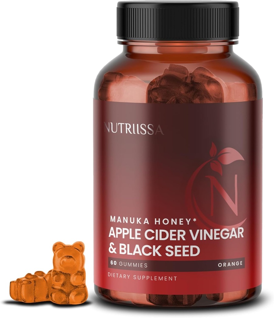 Nutriissa - Apfel Apfel Apfelessig + Schwarzes Seed Öl + Ältere Berry + Manuka Honiggummis – Kaltgepresster Cumin Seed Nigella Sativa – EPEB zertifiziert für Reinheit & Potenz – 60 Orange Flavored Gummis