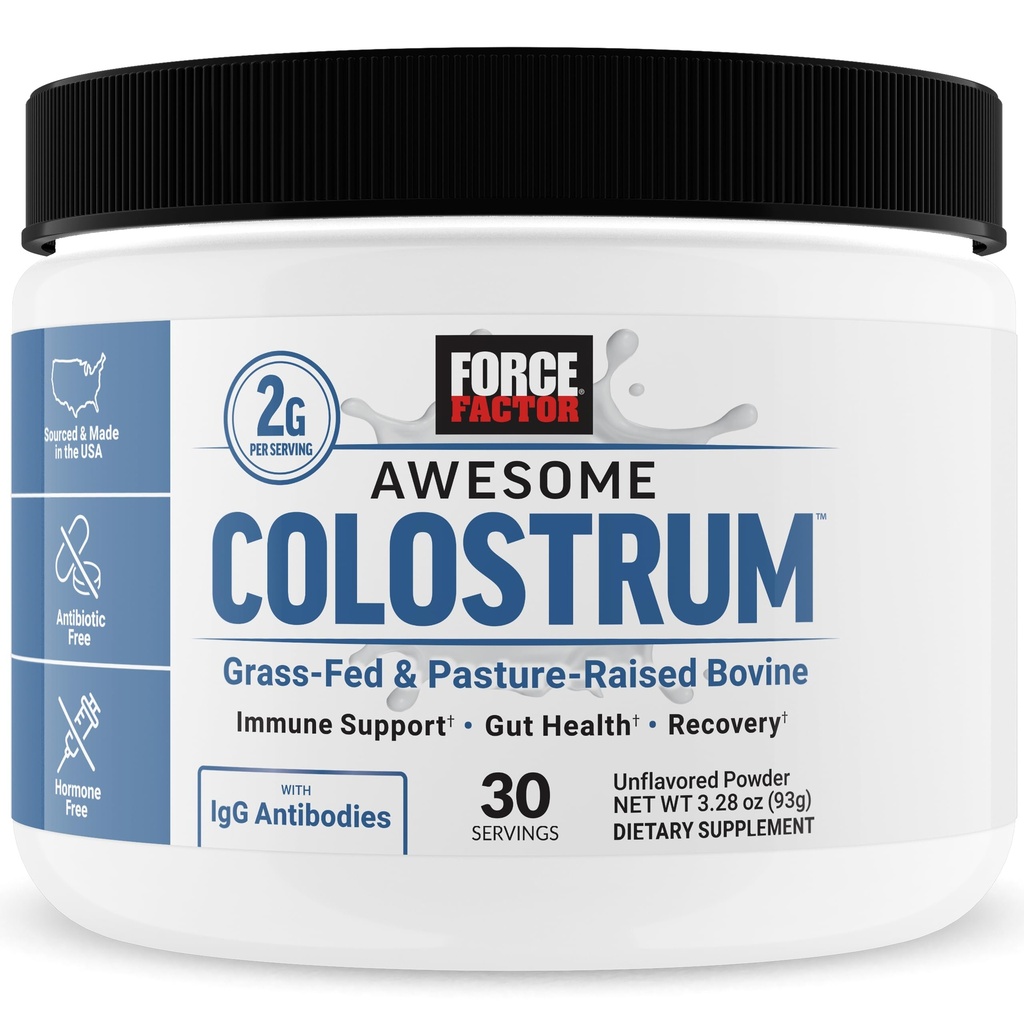 FACTEUR DE FORCE Colostrum impressionnant pour soutenir la santé de Gut, la fonction immunitaire, la récupération, et plus, supplément de colostrum bovine, pâturage, gazon, sans hormones, naturellement non aromatisé, 30 portions