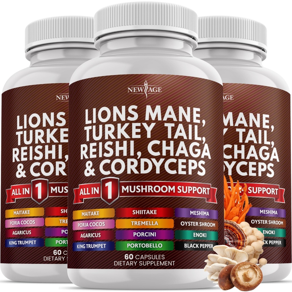 NEU AGE Lions Mane Mushroom Supplement mit Türkei Tail Reishi Cordyceps Chaga mit Marshmallow Root 180 Count