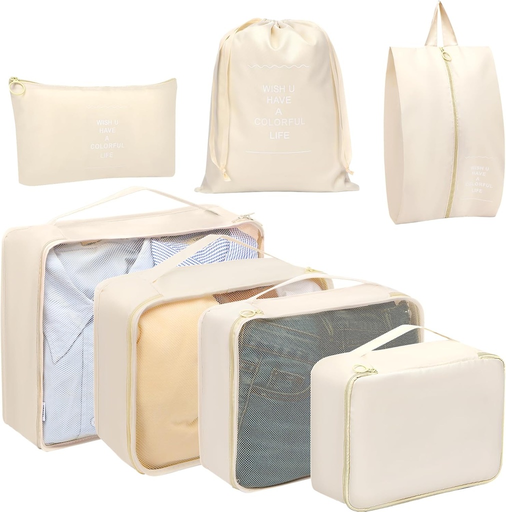 Toplive 7 Set Verpackung Cubes für Reisen, Gepäckaufbewahrung Organizer Taschen für Reisezubehör, Kompressionsverpackung Cubes, Beige