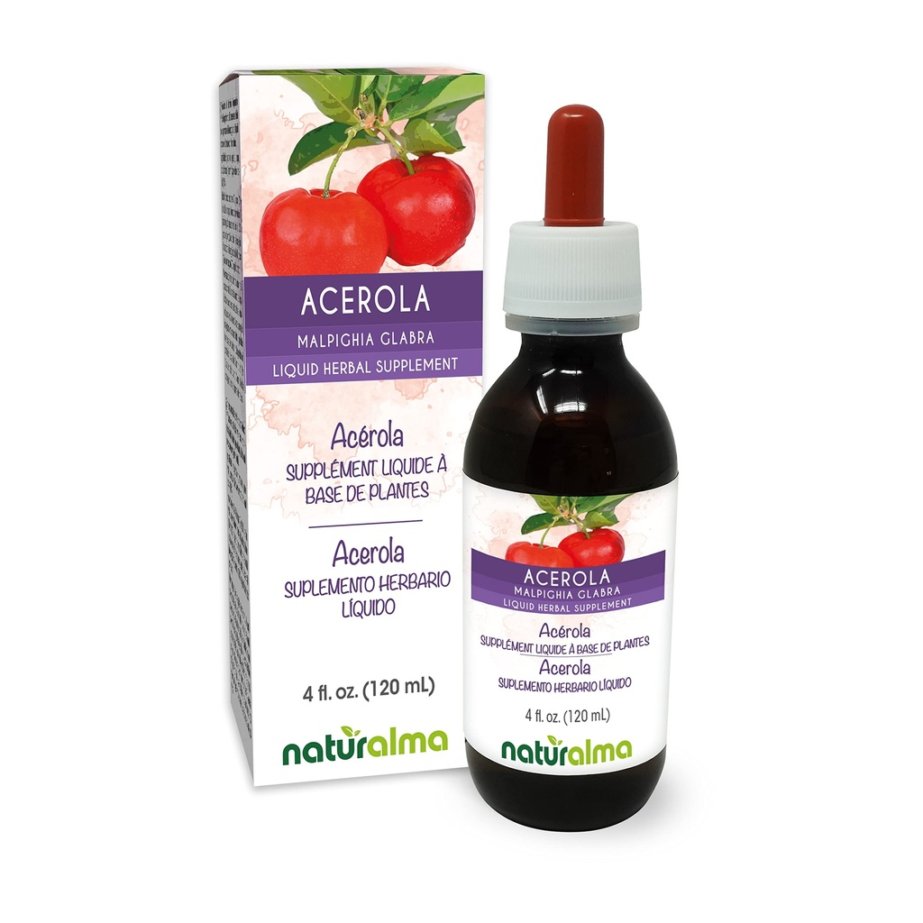 Naturalma Acerola (Malpighia glabra) Teinture sans alcool de fruits - Riche en vitamine C - Extrait liquide de 4 fl oz dans les gouttes - Supplément à base de plantes - Vegan
