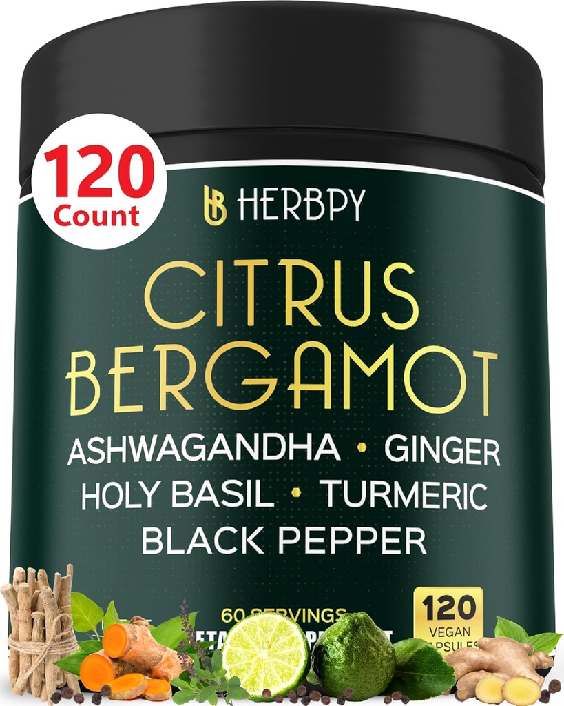 6in1 Supplément d'agrumes Bergamote avec Ashwagandha, Saint Basilic, Turmeric & Ginger Root - Vieillissement en santé, Immune et relaxation - 120 Capsules Vegan
