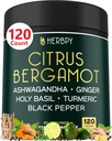 6in1 Citrus Bergamotte Ergänzung mit Ashwagandha, Heilige Basilikum, Turmeric & Ginger Root - Gesunde Alterung, Immune & Entspannung - 120 Vegan Kapseln