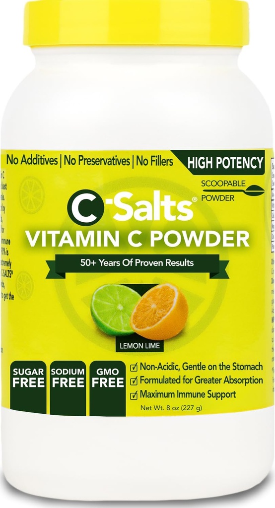 C-Salts Vitamine C Supplément en poudre - 100% pure haute dose de vitamine C tamponnée poudre pour le soutien immunitaire - biologique, sans sucre, végétalien, non-OGM, estomac-friendly, citron Lime 8oz