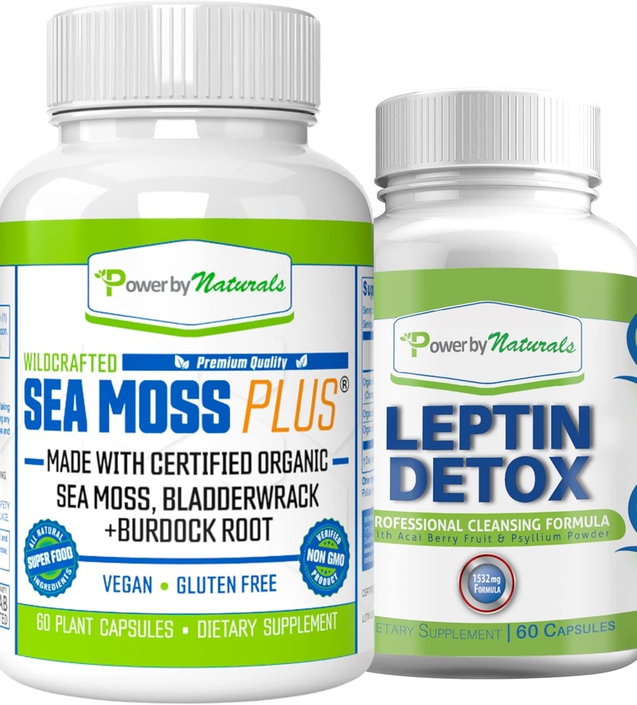 Power by Naturals: Bio Sea Moss and Leptin Detox Bundle - 60 Capsules Vegan Chaque - Plant-Based, Supplément sans gluten pour l'amélioration immunitaire et le nettoyage naturel