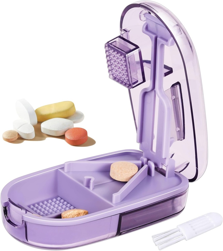 Pille Cutter Splitter für kleine und winzige Pillen, oder große Pillen. V-Shaped Design für mehrere Größen. Sicherheits-Blade Guard. Loss-Proof Eingebaute kleine Bürste & Schiebetür Pillenspeicher (Purple)