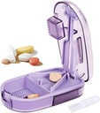 Pille Cutter Splitter für kleine und winzige Pillen, oder große Pillen. V-Shaped Design für mehrere Größen. Sicherheits-Blade Guard. Loss-Proof Eingebaute kleine Bürste & Schiebetür Pillenspeicher (Purple)