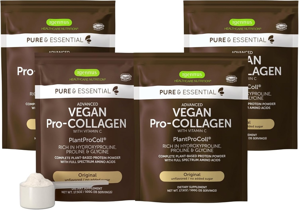 Igennus Vegan Collagen Peptide Powder, Enhanced with Glycin, Proline & Hydroxyproline & Cofactor Vitamin C, Non GMO, Complete Vegetarian Plant Based Collagen Powder Booster, 4 x 35 Servierungen