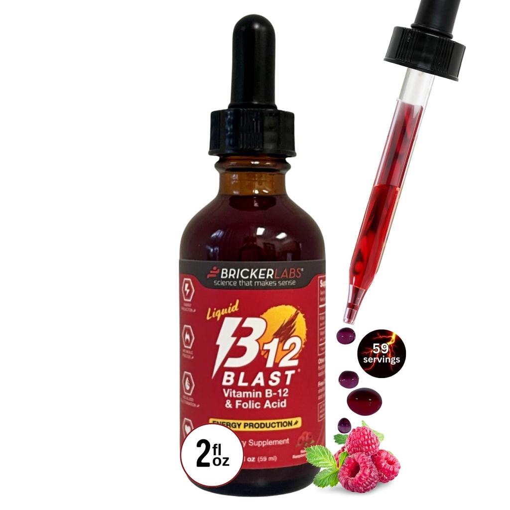 Bricker Labs B-12 Blast Flüssiges Vitamin B12 und Folsäure-Ergänzung, Unterstützung Energieproduktion, Great Tasting Liquid Vitamin B12 Nahrungsergänzungsmittel in Natürliche Himbeer Geschmack, 2 fl oz Flaschen