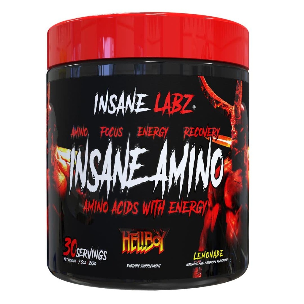 Insane Labz Insane Amino Hellboy Edition, BCAA mit Energy Focus Muskel Erholung, Intra Workout Powder, 2 1 1 verzweigte Kette Aminosäure Pulver, 30 Srvgs, Lemonade