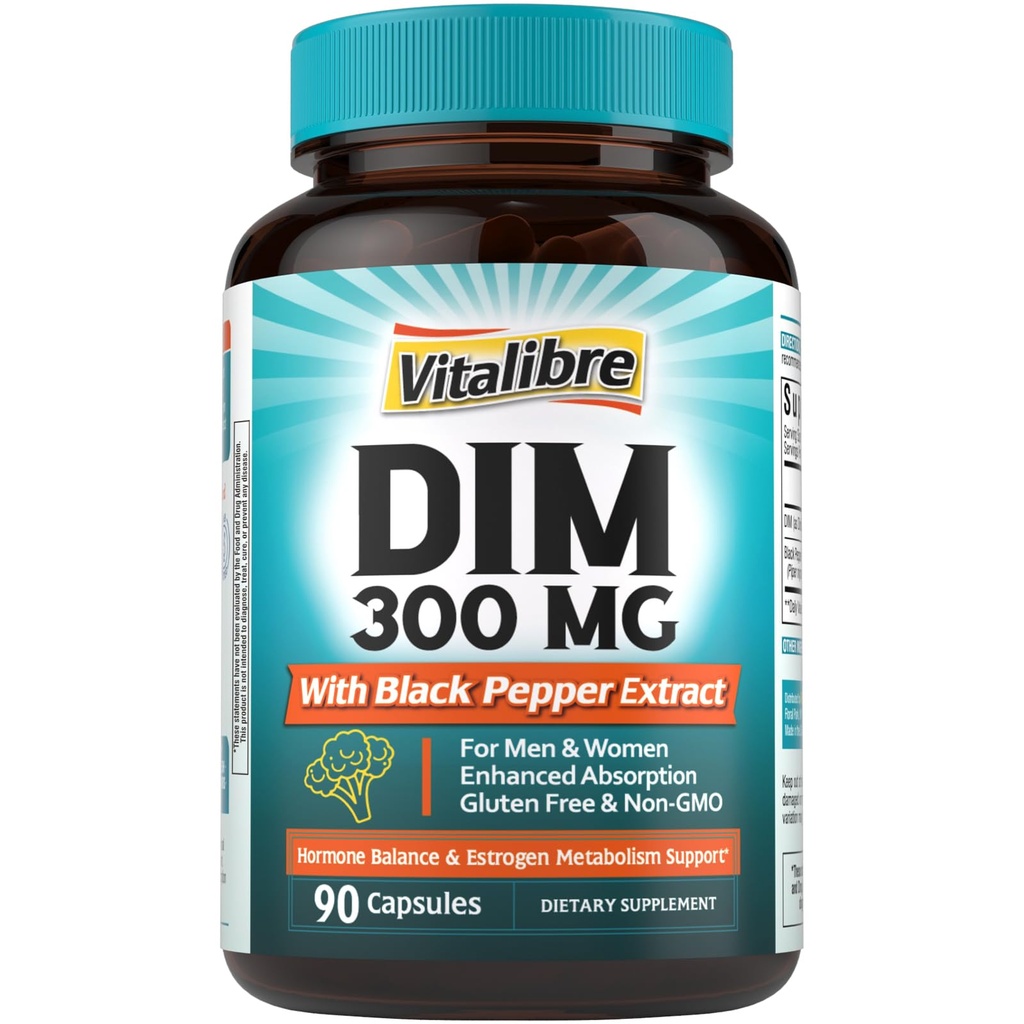 Supplément DIM pour les femmes et les hommes, métabolisme estrogène, équilibre hormonal et soutien à la ménopause, DIM 300 mg avec extrait de poivre noir, absorption élevée, 90 capsules