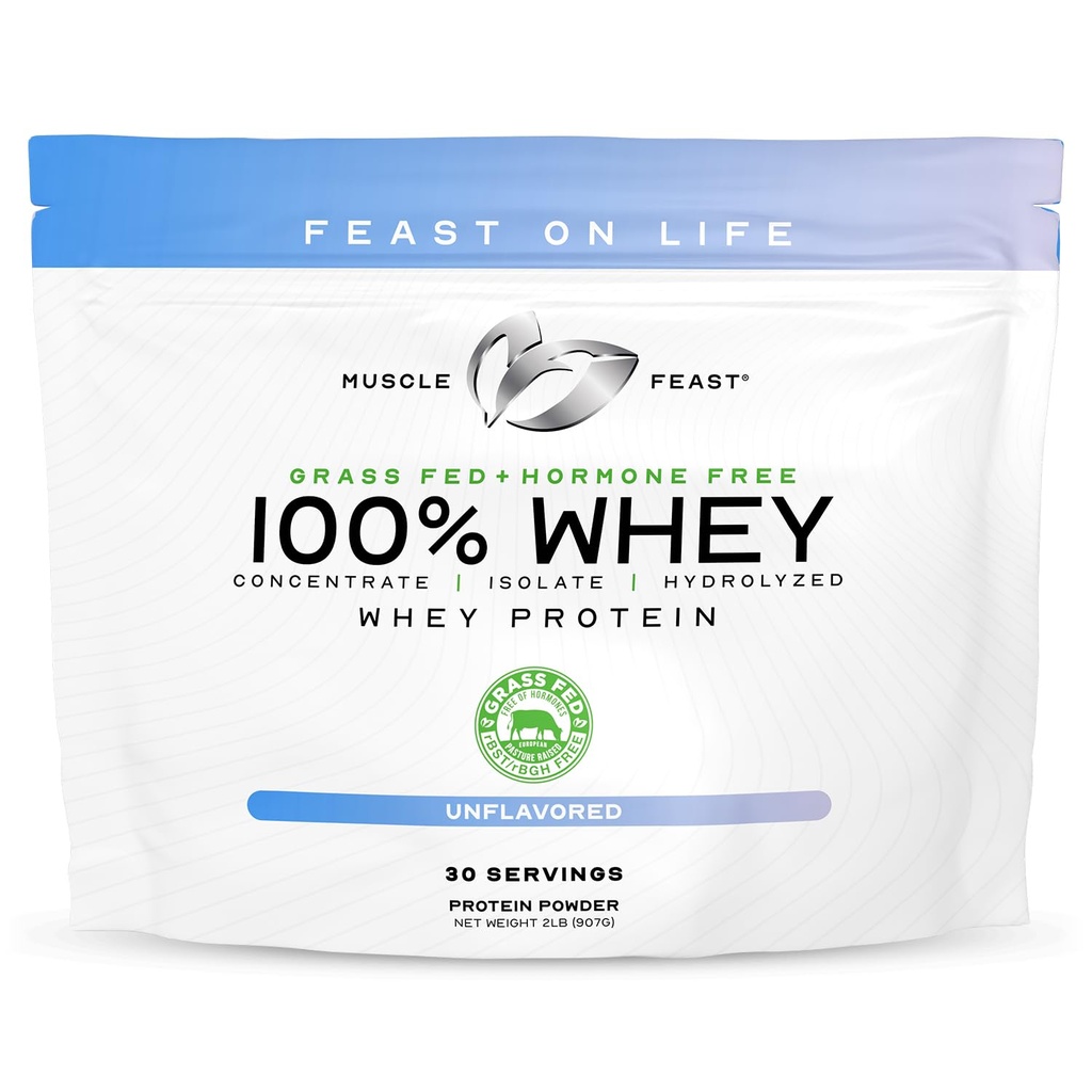 Muscle Feast 100% Gras Fed Whey Protein Powder, All Natural Hormon Free Paure Raised Whey Protein Powder for Women & Men- Whey Concentrate, Isolate & Hydrolyzed Protein Powder Blend- Unflavored, 2lb