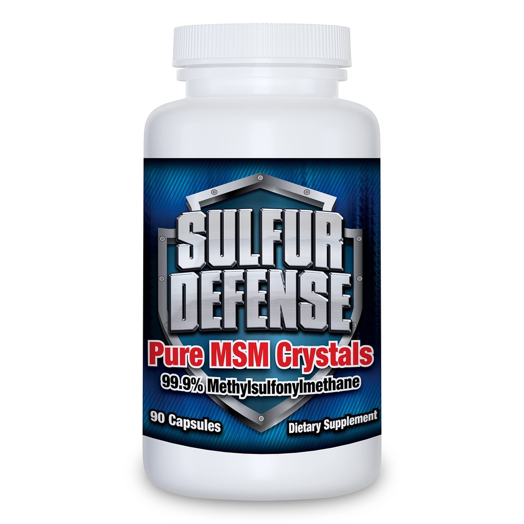 Sulfur Defense Opti-MSM 99,9 % Pure MSM Powder Capsules, fabriqués aux États-Unis, méthylsulfonylméthane organique, non-OGM, sans gluten, système immunitaire Booster, apaisant la douleur articulaire, peau plus jeune, cheveux, ongles, 90 capsules