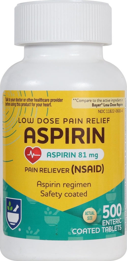 Aspirine Aspirine Comprimés entériques - 81 mg Aspirine - 500 Nombre - Faible Dose pour le soulagement des maux de tête - Coté de sécurité - Régime d'aspirine - Médecine de la migraine - soulagement de la douleur