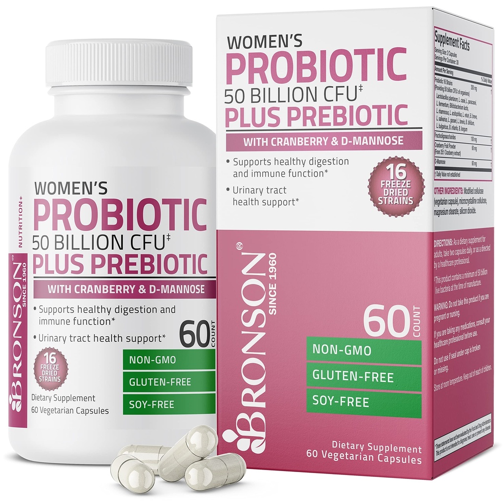 Bronson Femmes Probiotique 50 milliards CFU + Prébiotique avec Cranberry & D-Mannose – Santé vaginale, Digestion saine, fonction immunitaire et soutien du trac urinaire, non-OGM, 60 capsules végétariennes