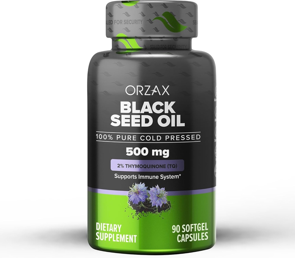 ORZAX Black Seed Oil Cold Pressed 100% Pure | Non-GMO - Rich in Omega 3 6 9 & Thymoquinone | Black Cumin Nigella Sativa Öl für Immununterstützung, Haar, Haut, Gesicht (500 mg - 90 Softgel Kapseln)