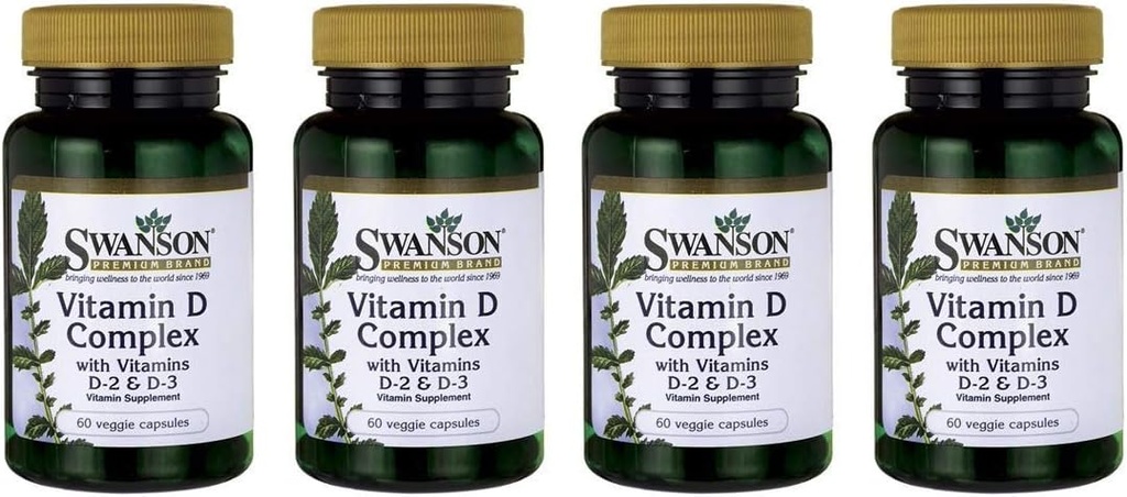 Swanson Vitamin D Complex mit Vitaminen D2 & D3 - Kompletter Sonnenschein Vitamin Complex für Knochen, Zahn- und Immungesundheit - Vitamin Supplement (50 mcg, 60 Veggie Kapseln) 4 Pack