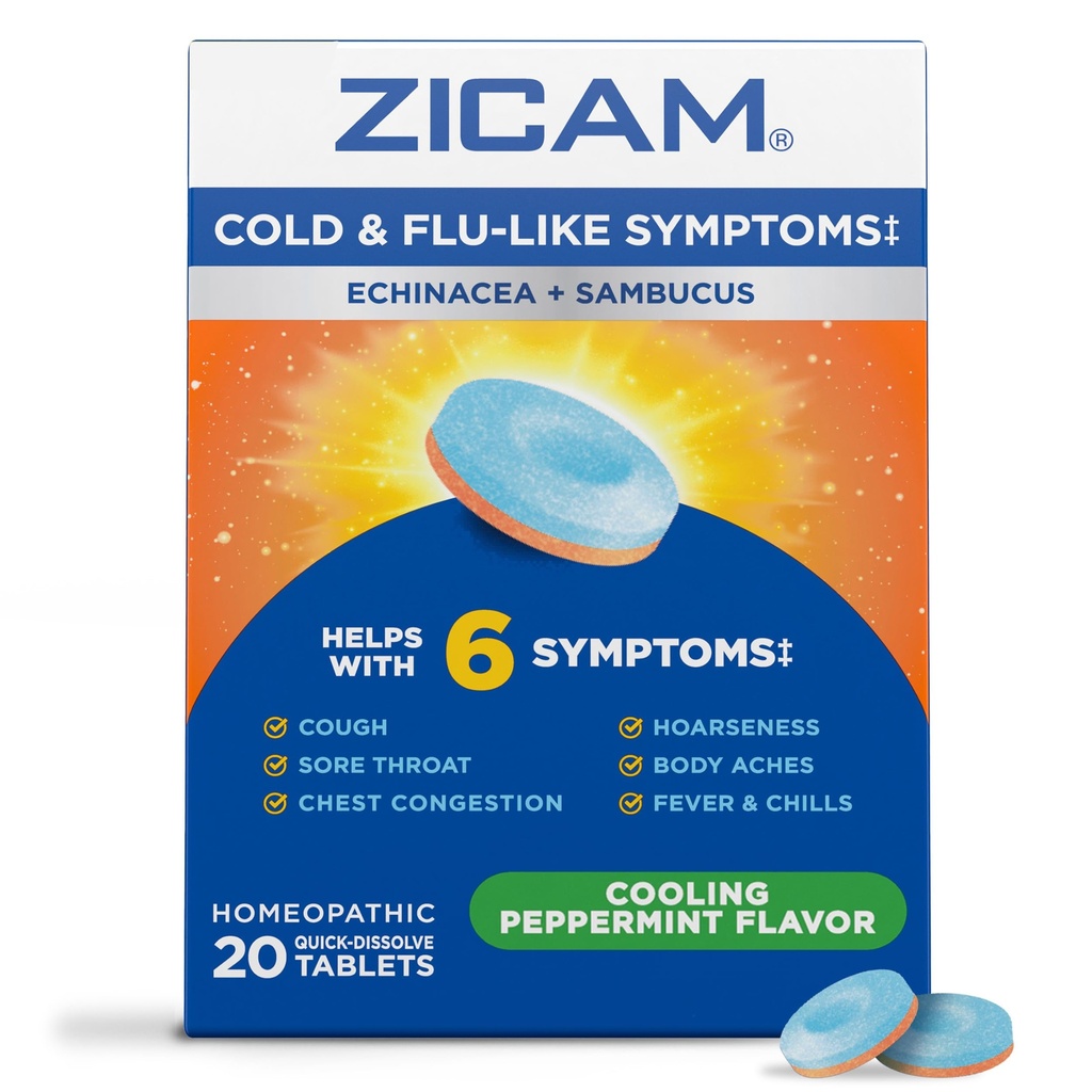 Zicam Symptômes du rhume et de la grippe avec Echinacea et Sambucus, homéopathique, Zinc, Cooling Pepppermint Flavor, aide avec les symptômes du rhume, 20 comprimés