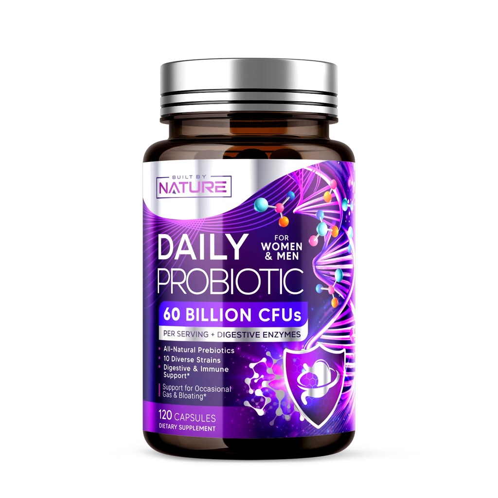 Construit par Nature Probiotic pour les femmes et les hommes – 60 milliards CFU, 10 souches + prébiotiques et enzymes digestives – supporte digestif, immunitaire, réduire le gaz et le ballonnement – plateau stable, non-OGM - 120 capsules