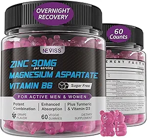 Zink und Magnesium Ergänzung, Zink Magnesium Aspartate Post Workout Gummis für Männer Frauen, mit Vitamin B6, B12, D3, Kurkuma für Nacht Erholung, reduzieren Fatigue, Boost Immunität & Schlaf, 60 Zähler