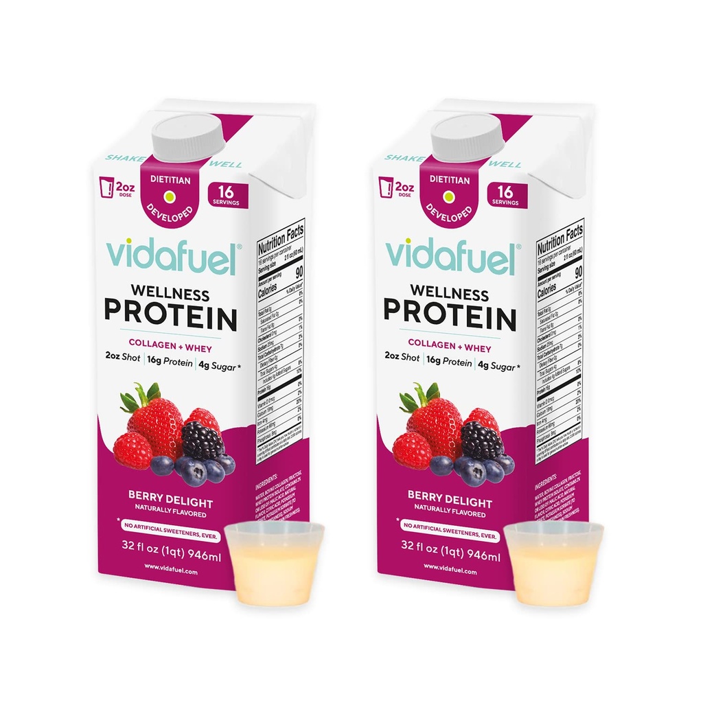 Vidafuel Wellness Protein Drink, 16g Protein pro 2oz Shot, 32 fl oz Carton, 2 Pack, Berry, Collagen und Whey Drink, Keine künstlichen Süßungsmittel