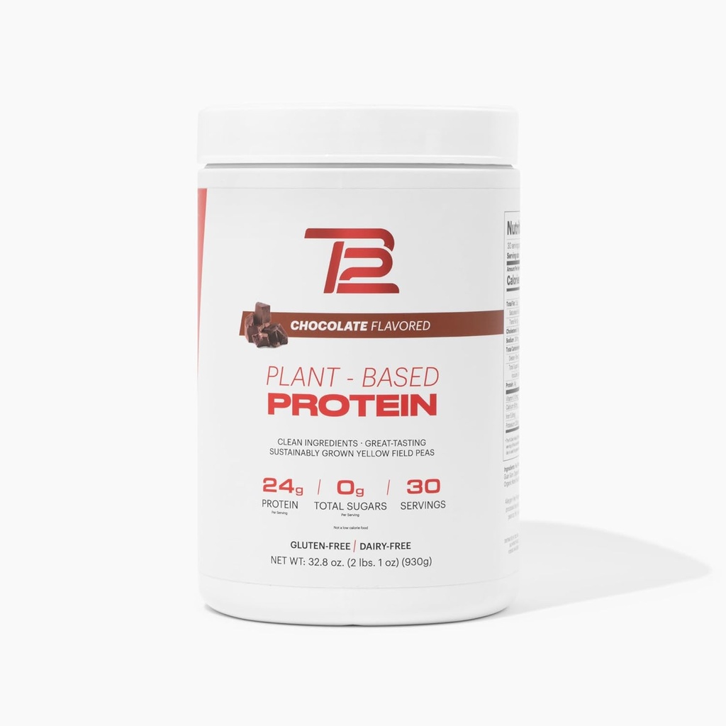 TB12 Poudre de protéines végétale par Tom Brady, 24g de protéines de pois végétaliens, faible teneur en sucre, faible teneur en glucides, non-OGM, substitut de repas, Keto Friendly, Paléo, sans sucre, saveur de chocolat (30 portions/2.25lb)