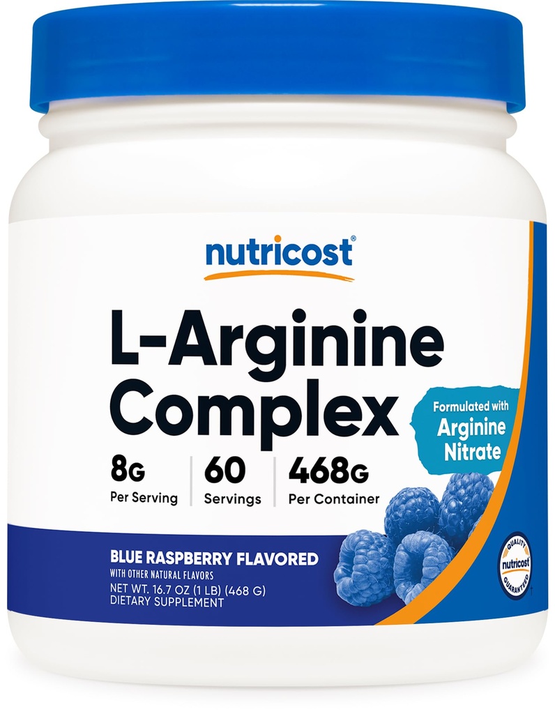 Complexe Nutricost L-Arginine (framboise bleue, 60 portions) - Sans gluten, sans OGM