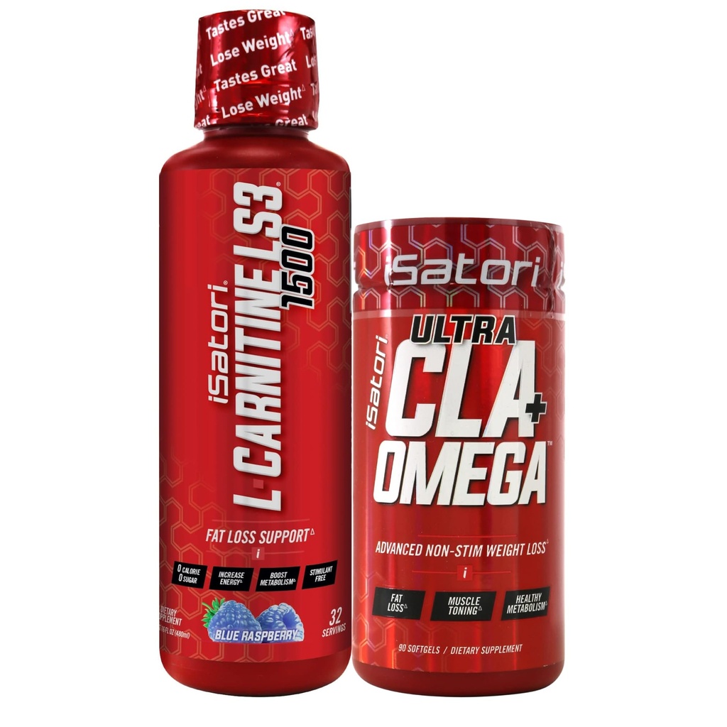iSatori L-Carnitine LS3 Blue Raspberry 1500mg (32 Servings) Ultra CLA (90 Softgels), Liquid L-Carnitine with Acetyl, Omega 3 6 9 Safflower Oil