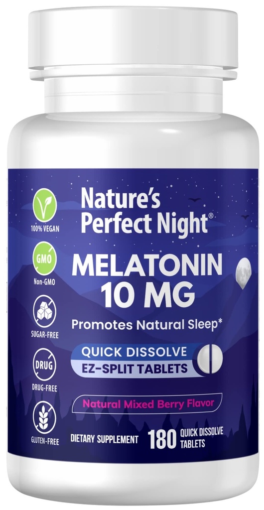 La nuit parfaite de la nature: Melatonine 10mg: 180 Comprimés dissolvants rapides: Natural Mixed Berry Flavor: Haute puissance: sans sucre: Vegan: sans gluten Taille de la valeur