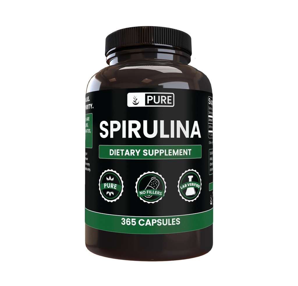 Ingrédients originaux purs Spiruline (365 Capsules) Pas de Magnésium ou de Rice Filters, Toujours Pure, Verified Lab