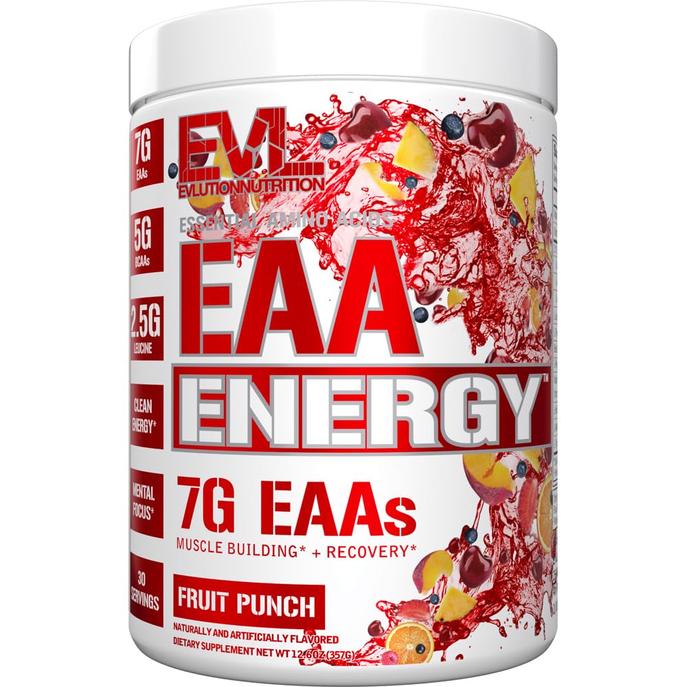 Évlution Nutrition EAA Énergie - Poudre avant et après l'entraînement - Muscle Building & Recovery Supplement - 7g Acides aminés essentiels + 5g BCAA - Énergie propre - avec caféine - 30 portions - Fruit Punch