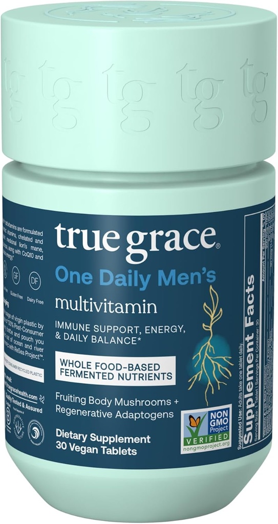 True Grace One Daily Men’s Multivitamin Fermented Minerals, Organic Adaptogens & Pilze Ganzkörper Balance Immune, Endurance, Knochen & Herz Unterstützung - Non-GMO, Gluten Free - 30 Vegan Tablets