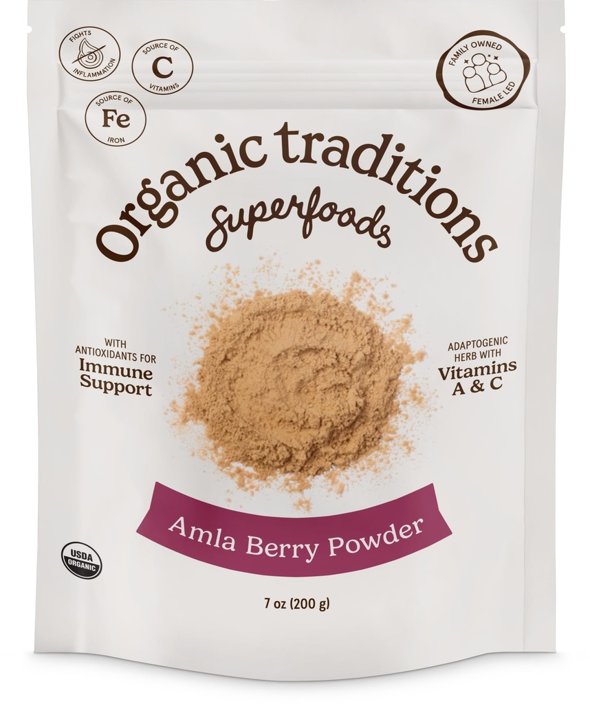 Traditions biologiques Poudre de baies d'amla biologique en poudre de baies d'amla Indienne en poudre, Superaliment de fruits en poudre non OGM biologique, sac de 200 grammes