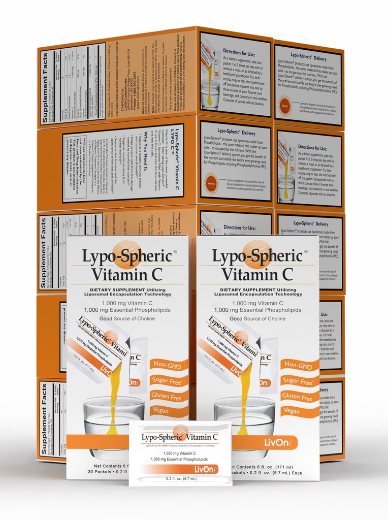 Livon Laboratories Lypo–Vitamine C – 1 000 mg Vitamine C et 1 000 mg Phospholipides essentiels par paquet – Liposome encapsulé pour une meilleure absorption – Non-OGM(12 Cartons,360 paquets)