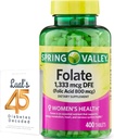 Folate 1.333 mcg. Spring Valley Folate Nahrungsergänzung, 1.333 mcg DFE, 400 Count, Folate Supplement für Frauen Schwangerschaft, Folsäure 800 Bundle mit Lualls 45 Diabetes Decodiert