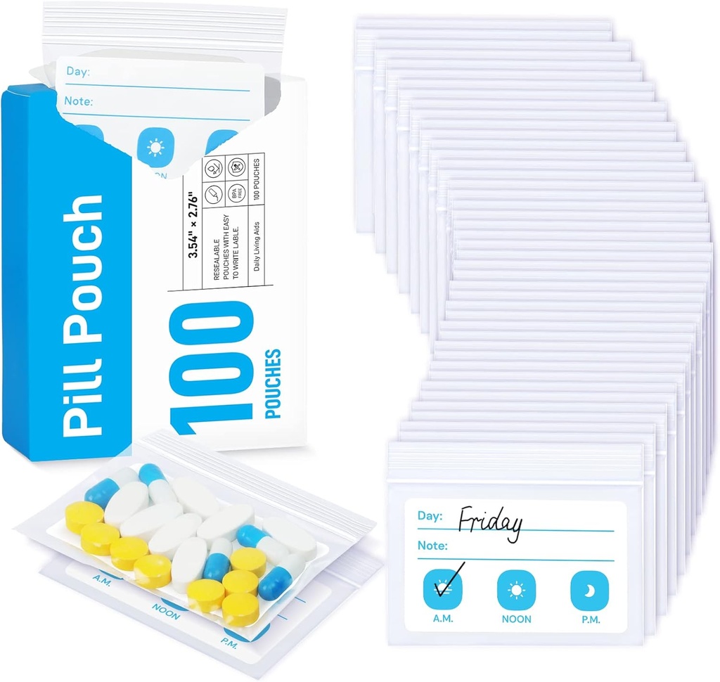 ZIKEE Pillentaschen für Reisen, wiederverwendbare Pillentaschen BPA Free 2.75" x 3.54", Tagesmedizin Taschen mit XL Kapazität für 24 Fischöle, Vitamin Organizer mit anpassbarem Schreibbereich (100 Zähler)
