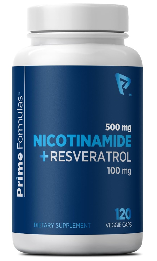 Nicotinamide 500 mg avec Resvératrol 100 mg 120 Capsules de Véggie - Vitamine B3 non-OGM, soutient la santé métabolique, NAD+, cellules cutanées et la production d'énergie mitochondriale. Fabriqué aux États-Unis pour hommes et femmes