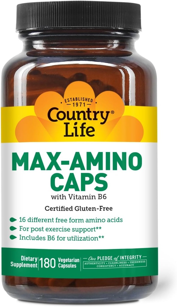Country Life Maxi-Amino with 16 Free Form Amino Acids, 180 Vegetarian Capsules, Certified Gluten Free, Certified Vegetarian