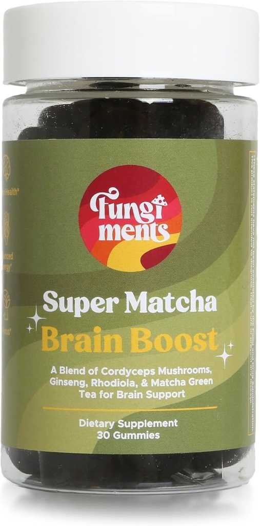 Fungiments Super Matcha - Cordyceps Pilze, Grünes Teepulver, Ginseng, Rhodiola - Tägliche Energie und Ausdauer (30 Pilzgummis)