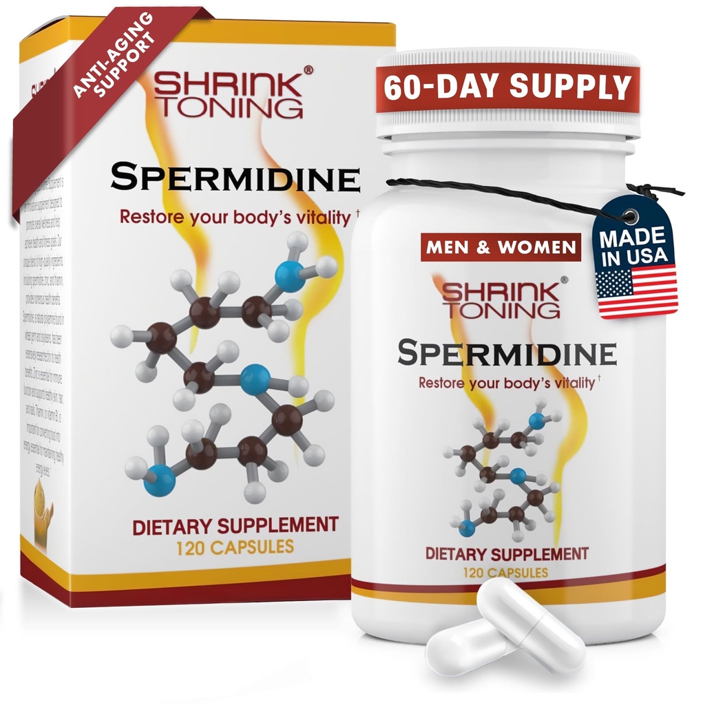 Shrink Spermidine Suppléments Skin & Anti-Aging Support – 120 Caps Vegan 100% Polyamine naturelle pour les hommes et les femmes, Wellness global – Non-OGM, USA Made – avec High Spermidine, Zinc & Thiamin