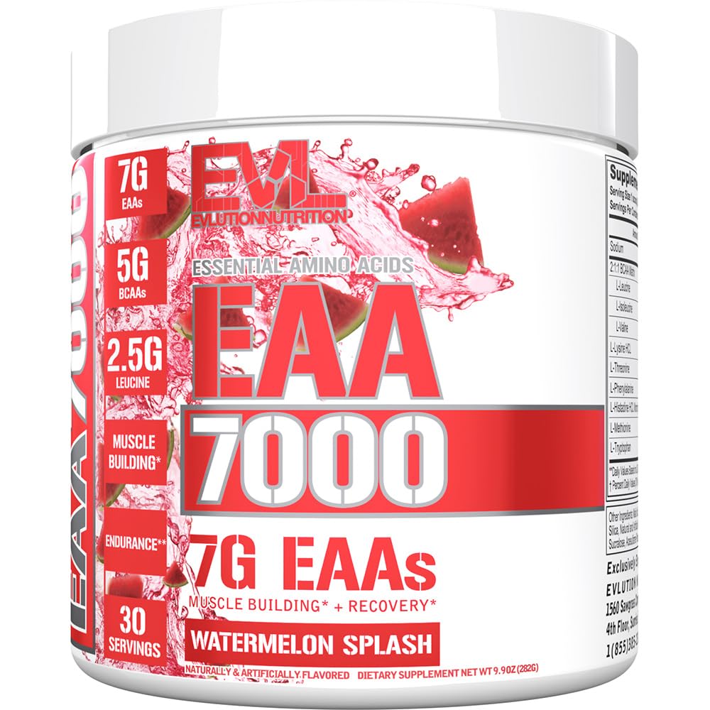 Evlution Nutrition EAA7000 - Pre & Post Workout Powder - Muscle Building + Recovery Supplement - 7g Essential Amino Acids + 5g BCAAs - Endurance + Energy Support - 30 Portionen - Watermelon Splash